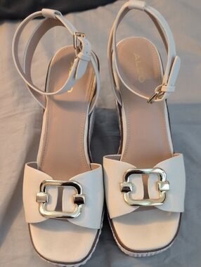 Aldo White Sandal with Gold Buckle Accent